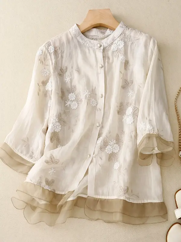 YCMYUNYAN-blusas florales de lino y algodón para mujer, Top suelto, manga corta, bordado, estilo chino, verano, nuevo