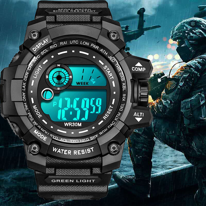 YIKAZE Digital Man Watch LED Display Waterproof Luminous Chronograph Wristwatches Outdoor Sports Electronic Military Watches