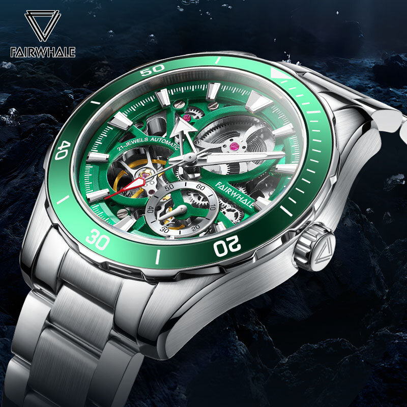 Jam tangan mekanis pria, tengkorak mewah otomatis, jam tangan kasual Tourbillon, baja antikarat, hijau, bercahaya, tahan air