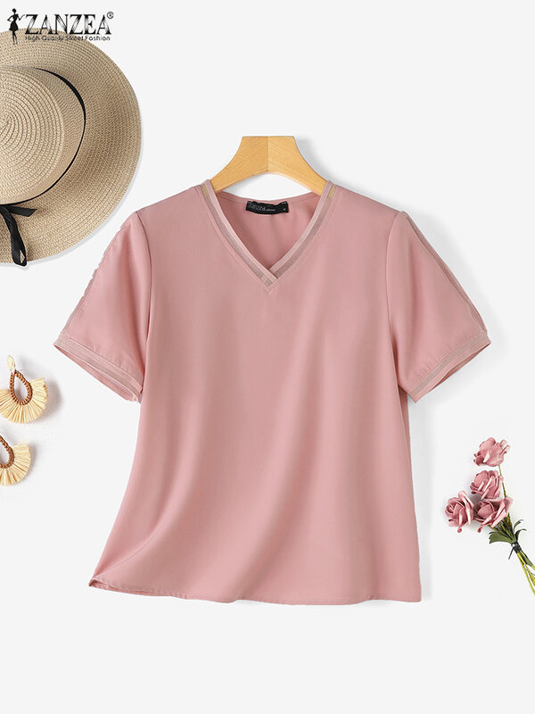 Zanzea 2024 Sommer Frauen Basic Chiffon Stitching Tops Vintage V-Ausschnitt Büro hemden Mode Tuniken übergroße lässige feste Bluse