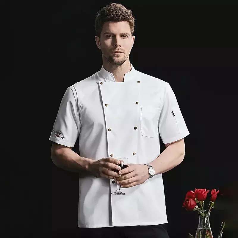 Jaqueta curta de malha respirável masculina, roupa de fogão, cozinha, uniforme de chef, branco, azul, restaurante, manga verão