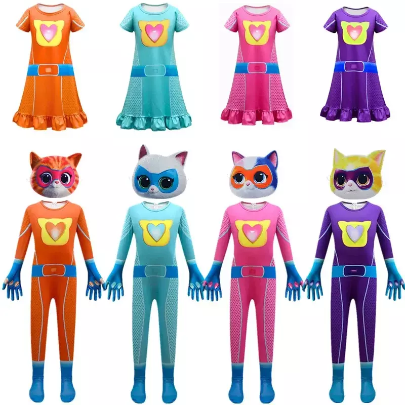 Halloween Anime Super Cat Cosplay Kostüme für Kinder Overalls Jungen Mädchen Super kitties Phantasie Karneval Geburtstags feier Kleidung Maske