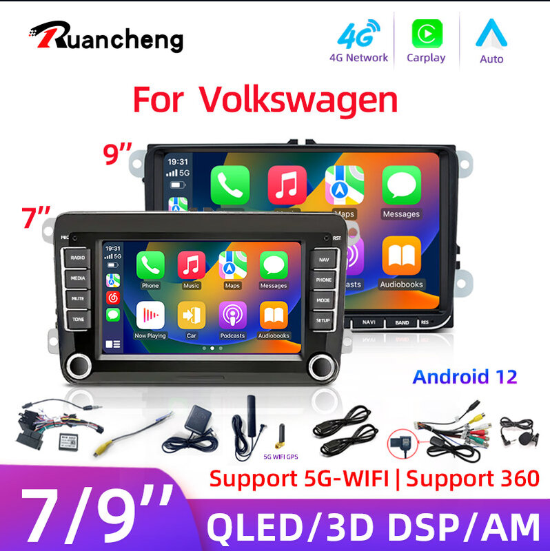 Auto Carplay com GPS, Android 12 360 para VW Volkswagen Golf Polo Skoda Rapid Octavia Radio, Tiguan Passat B7 e Jetta, 2 Din, 128G, 7 pol, 9 pol, 7 pol