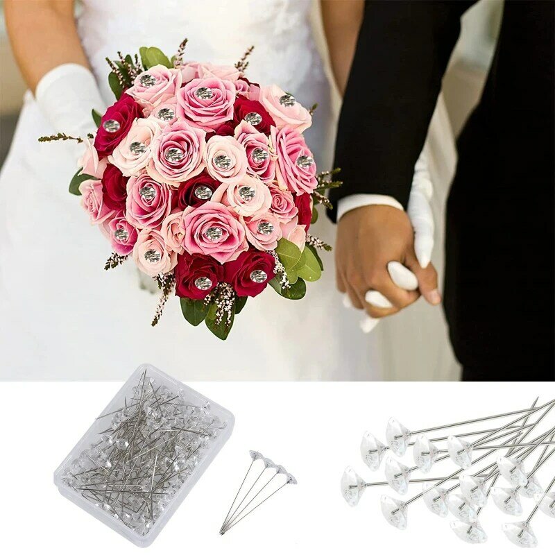 Buquê pinos corsages flor pinos claro costura cabeça de cristal longa reta pinos para jóias de casamento diy 100 pçs