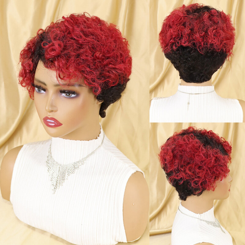 Pelucas de cabello humano brasileño para mujeres negras, pelo corto rizado sin pegamento, corte Pixie, color marrón degradado