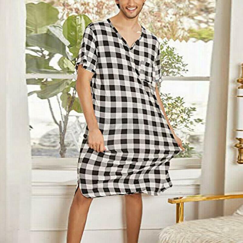 V-neck Pajamas Plaid Pattern One-piece Nightgown with Short Sleeves Chest Pocket Plaid Print Men's Summer Pajamas for Homewear