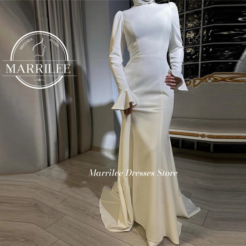 Marrilee elegante Elfenbein High Neck geraffte Fleck Prom Party Kleider lange Ärmel boden lang plissierte formale Ocasions Abendkleider