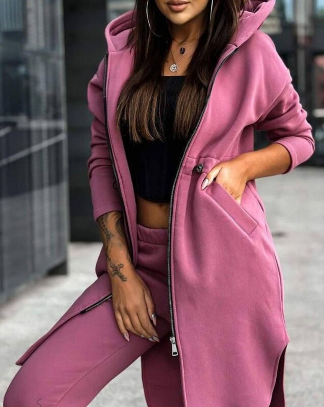2023 Winter New Sweatpants Sets Fashion Commuter Zipper Design Longline Hooded Coat and Daily Casual Cuffed Pants Set for Women