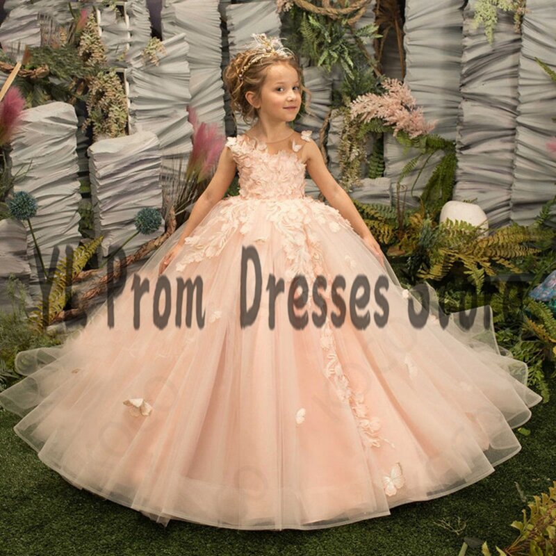 YL Gogerous 3D Appliques High Wasit Flower Girl Dresses Sweep Train Pink Tulle Pageant Birthday Photoshoot First Communion Gowns