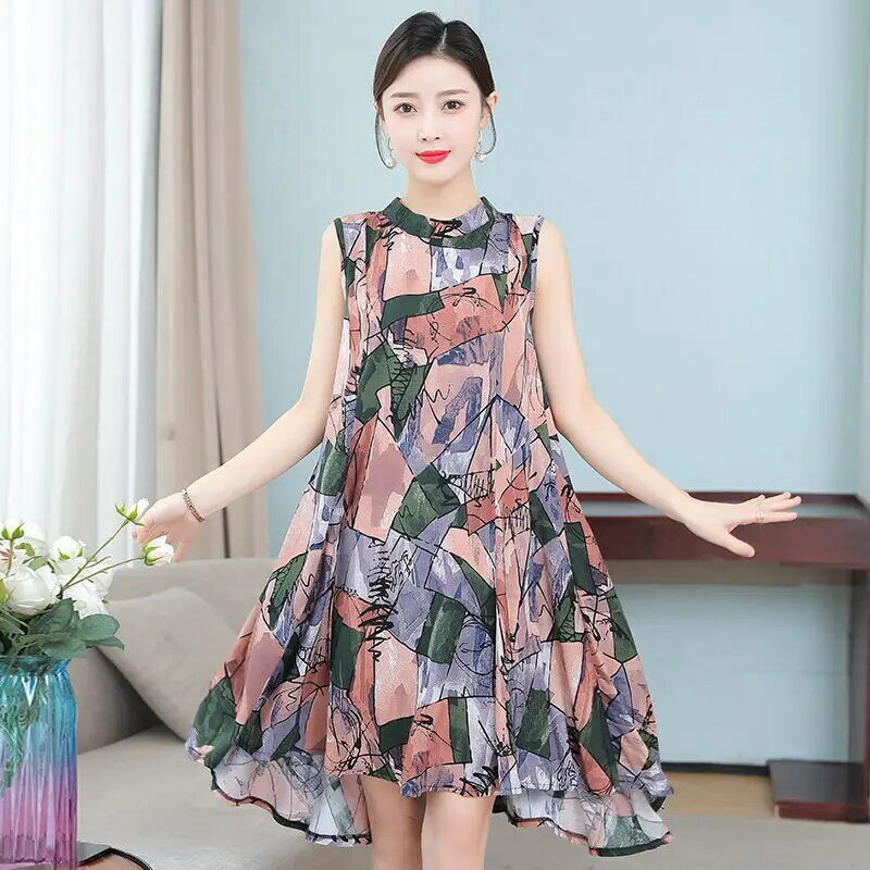 Женское асимметричное платье без рукавов, свободное офисное платье большого размера с винтажным цветочным принтом, лето 2024