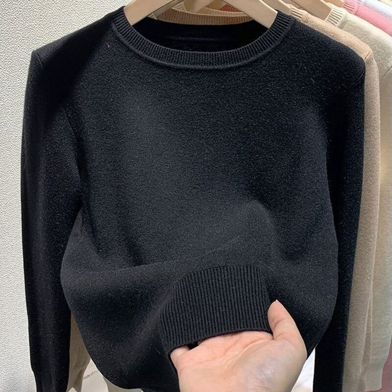 Winter Women'S O-Neck Plus Velvet Thicken Sweaters Slim Warm Long Sleeve Knitted Tops Casual Plush Fleece Lined Soft Pullover