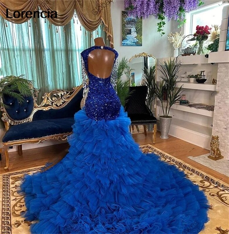Lorencia Royal Blue Sequins Prom Dress For Black Girls Beaded Crystal Tassel Birthday Party Gown High Slit Robe De Soiree YPD50