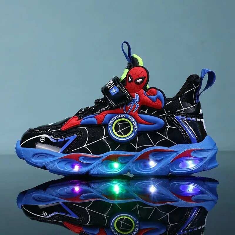 Disney Boys Shoes LED Lights Cartoon autunno scarpe sportive per bambini in pelle antiscivolo scarpe da corsa per bambini Sneaker taglia 25-35