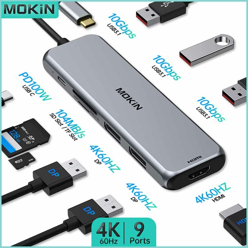 محطة إرساء MOKiN 9 في 1 مع PD 100W لأجهزة MacBook Air/Pro، iPad، Thunderbolt Laptop - USB3.1، HDMI 4K60 هرتز، DP 4K60 هرتز، SD، TF