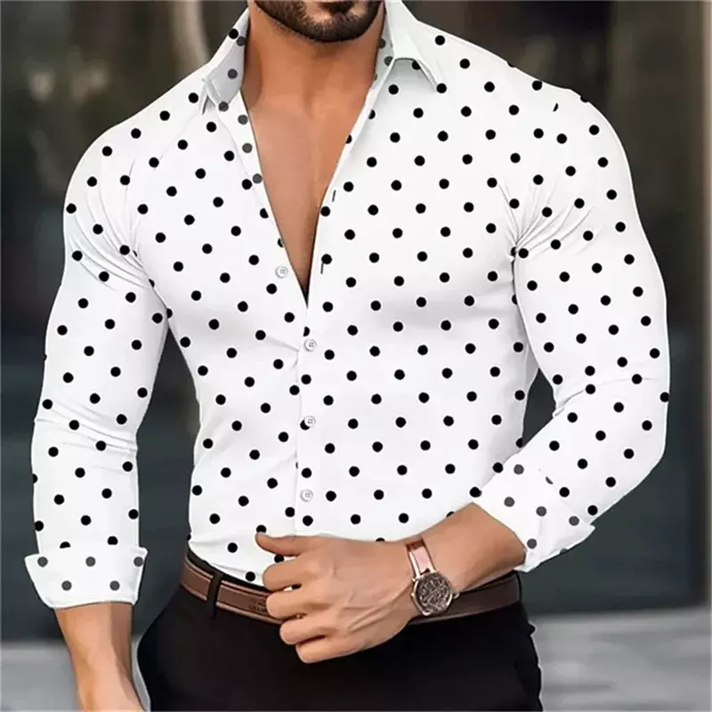 Camisa masculina de lapela de bolinhas, de manga comprida, blusa casual respirável, roupa confortável, moda de rua ao ar livre, nova, 2024