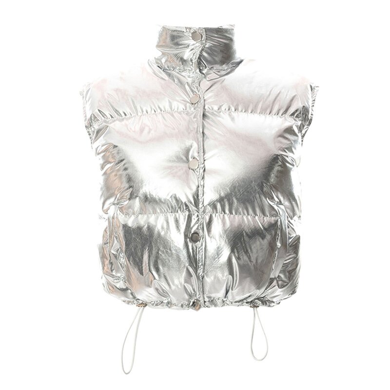 Prata puffer acolchoado casaco colete feminino com zíper de alta streetwear curto inverno sem mangas para jaqueta outono harajuku topo