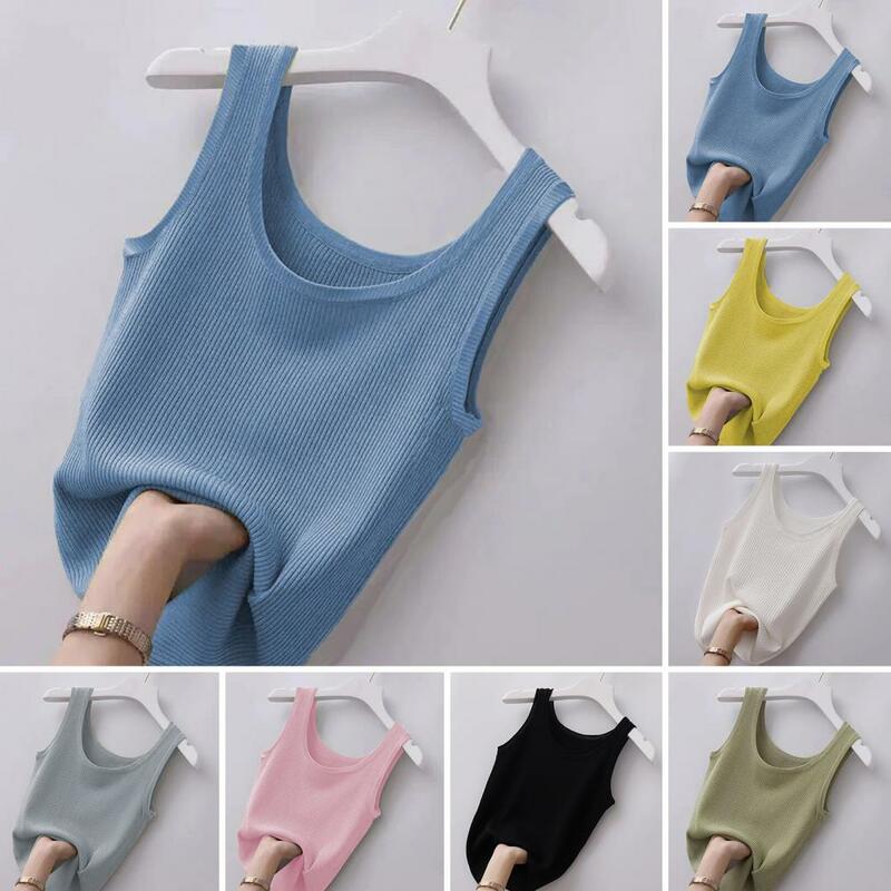 Women Ice Silk Vest Summer Tank Tops for Women O-neck Slim Fit Ribbed Vest Ice Silk Fabric Solid Color Pullover Streetwear