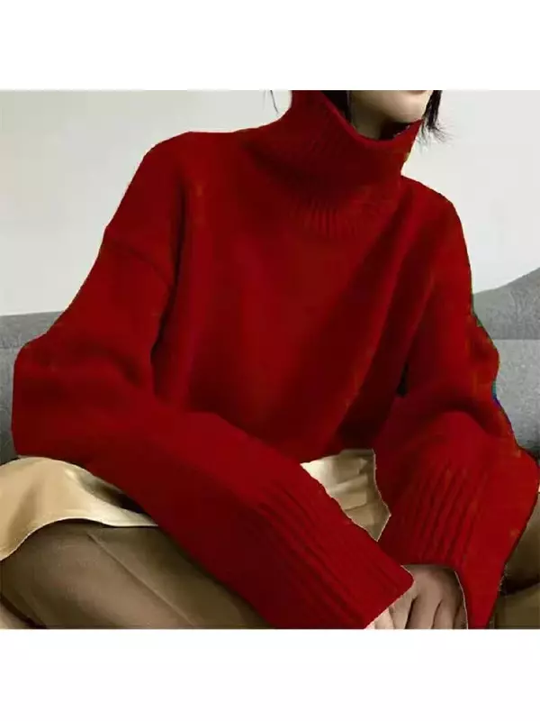 Женский свитер с высоким воротником, осенне-зимний модный Свободный черный топ в Корейском стиле с длинным рукавом, однотонный простой Повседневный Женский пуловер