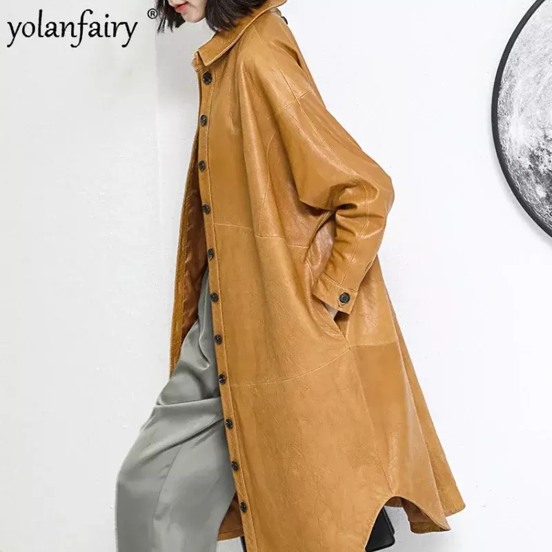 Jaqueta de couro real das mulheres roupas de pele carneiro moda trench coat senhoras midium casual blusão feminino jaqueta de couro fcy1926