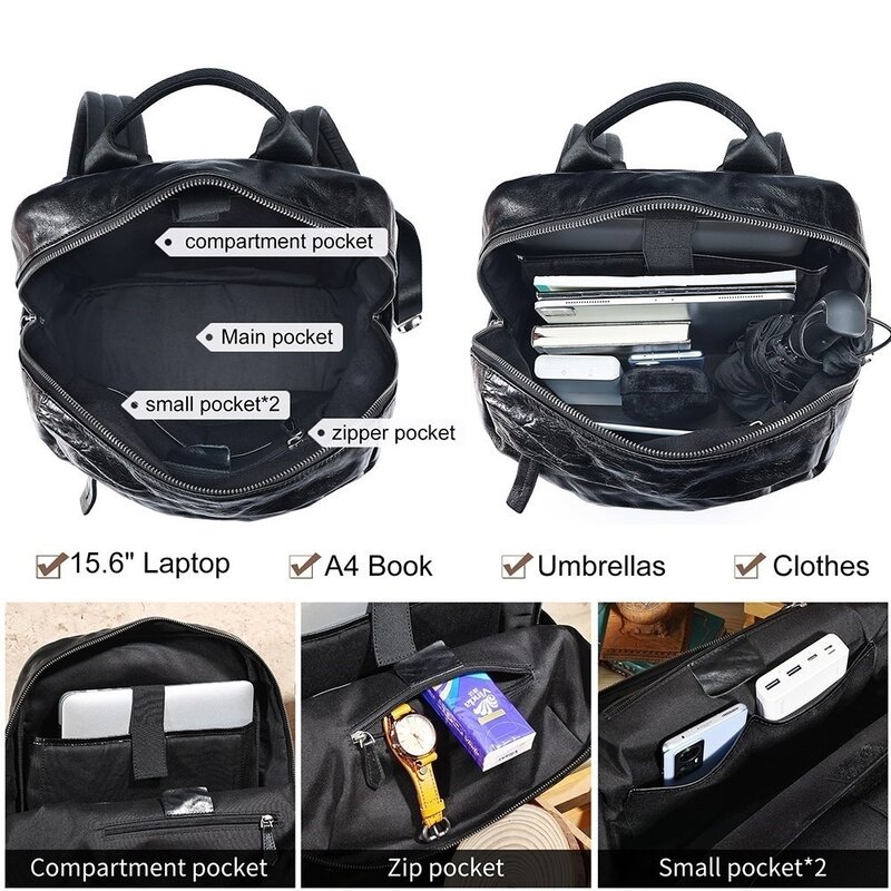 Men Genuine Leather Backpack 15.6" Laptop Business Travel Vintage Office Daypack Shoolbag Lightweight Rucksack