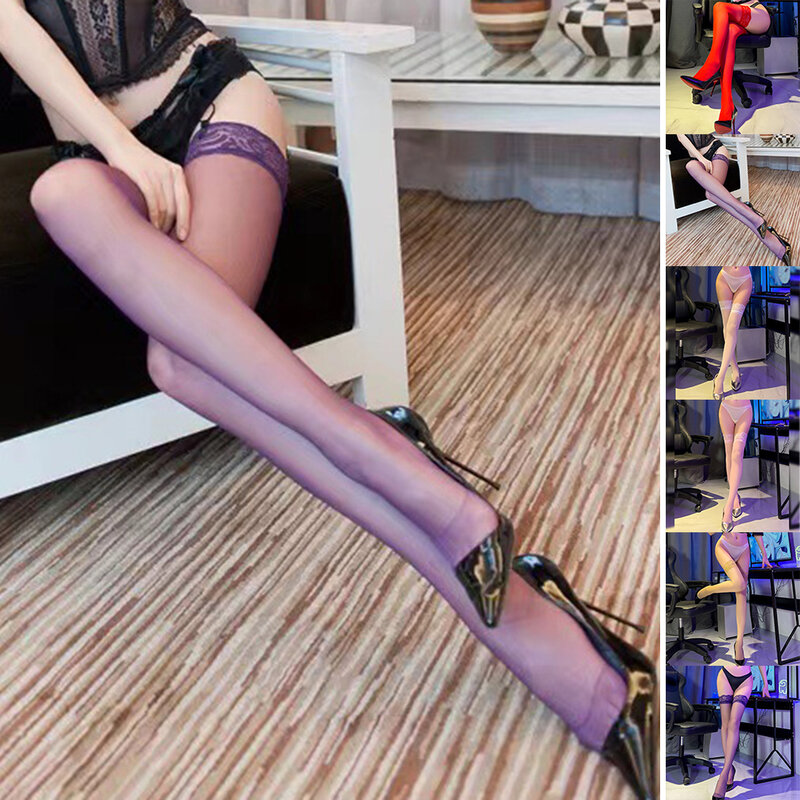 Medias eróticas de encaje lateral para mujer, medias hasta la rodilla, Sexy, Color sólido, ultrafinas, transparentes, ropa interior, calcetines de alto estiramiento