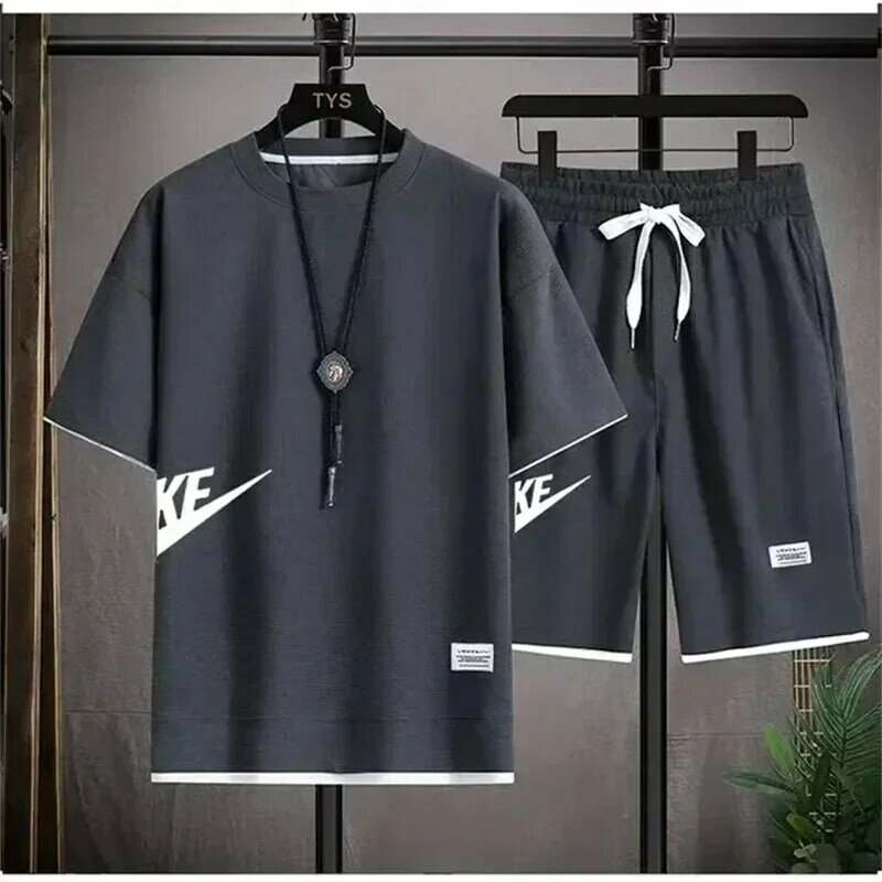 2024 Fashion Summer Waffle Men's Fashion Korean Sportswear men's Short sleeve T-shirt + sports shorts suit casual wear