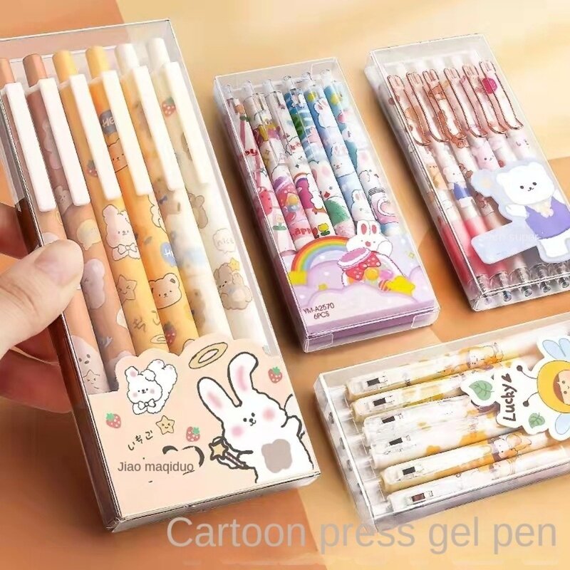 Plástico colorido dos desenhos animados caneta neutra, material escolar criativo, simples bonito Ins estilo, 0,5mm, 6pcs por conjunto