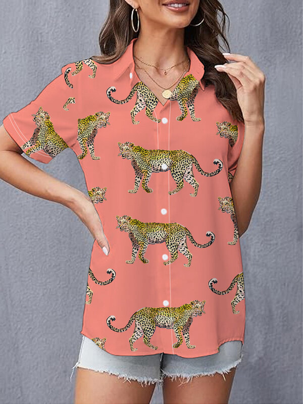 Camisa de manga corta con solapa personalizada para mujer, camisa holgada y cómoda con estampado Digital 3D de leopardo, verano, 2024