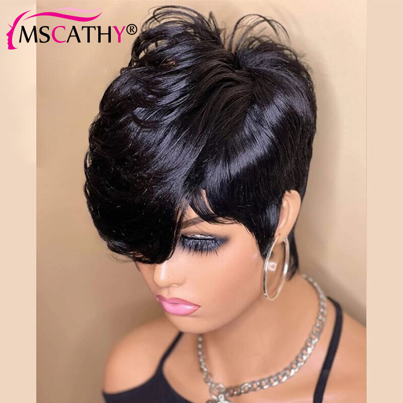 Black Color Glueless Wigs Natural Human Hair Wigs For Black Women Pixie Cut Short Straight Bob Full Machine Made Wig With Bangs