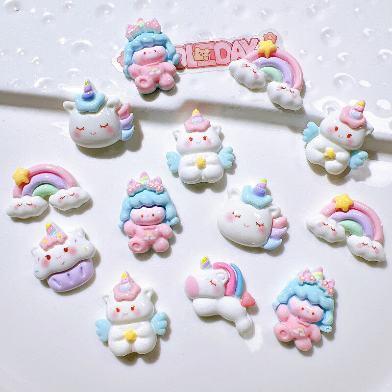 10pcs Cartoon Cute Rainbow Unicorn Resin Patch materiale accessori per capelli fatti a mano fai da te fibbie per scarpe cornice per foto decorazione artigianato