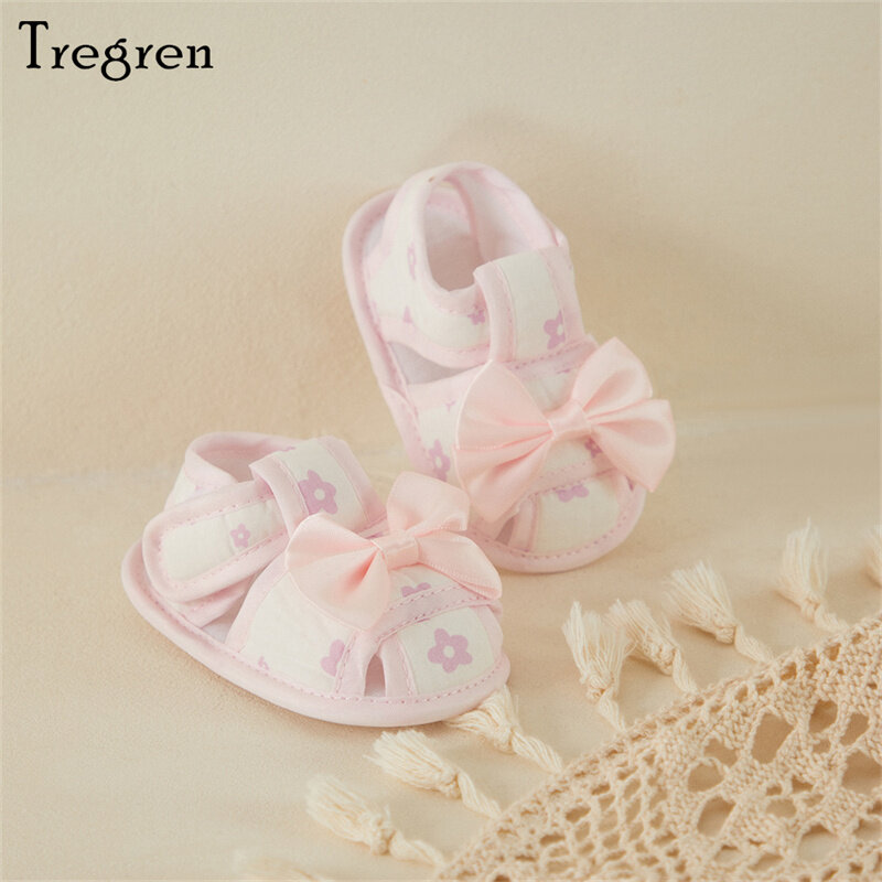 Tregren 0-12 Months Newborn Baby Girl Sandals First Walkers Shoes Floral Print Big Bow Cutout Soft Sole Summer Home Casual Shoes