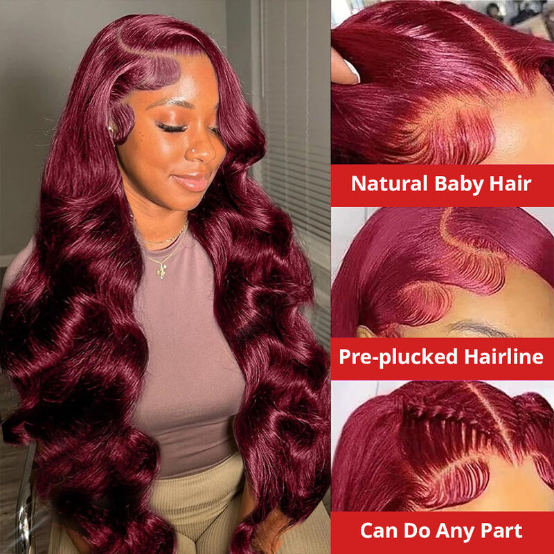 Perruque Lace Front Wig Body Wave Brésilienne Naturelle Cheveux Humains, Couleur Rouge Bordeaux 99J, Sans Colle, 13x4 HD, en Solde, Liquimanquer