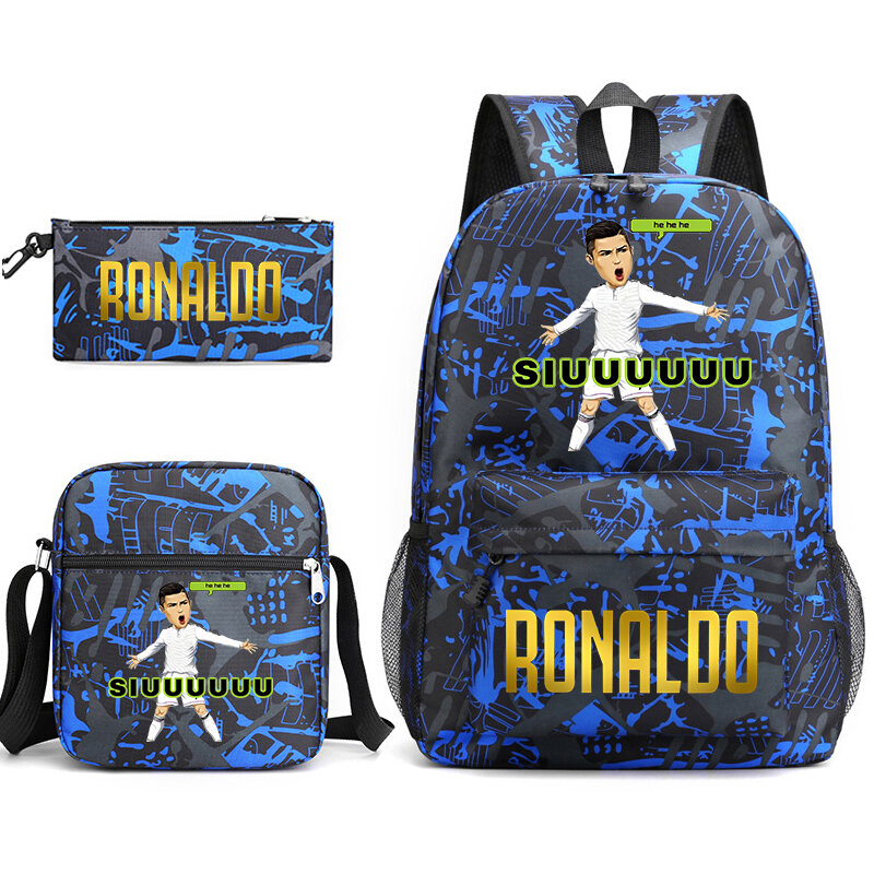 Set di zaini per bambini stampati Ronaldo borsa da scuola per studenti borsa a tracolla astuccio per matite set da 3 pezzi adatto a ragazzi e ragazze