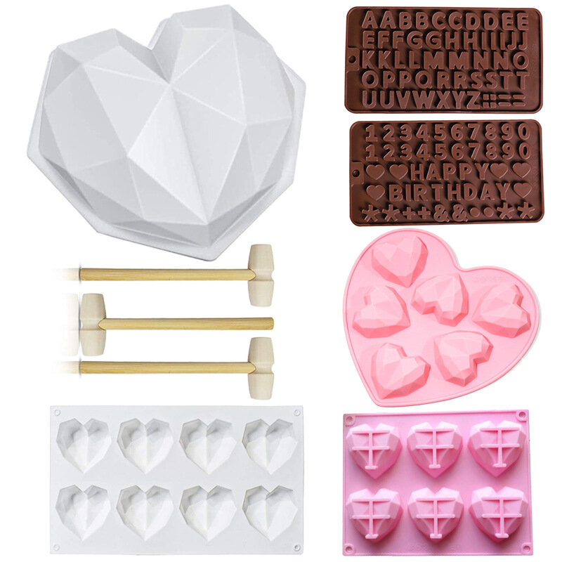 Силиконовая Алмазная форма для выпечки в форме букв и цифр, 1/6/8 полости, форма для кондитерских изделий в форме сердца, мусса, торта, шоколада, свеч