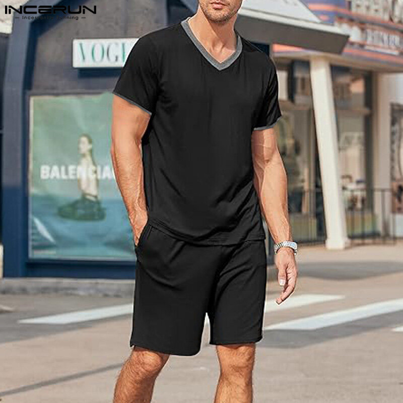 INCERUN 2024 w stylu amerykańskim zestawy modne męskie t-shirty z krótkim rękawem szorty luźne luźne dekolt w szpic dwuczęściowe komplety S-5XL