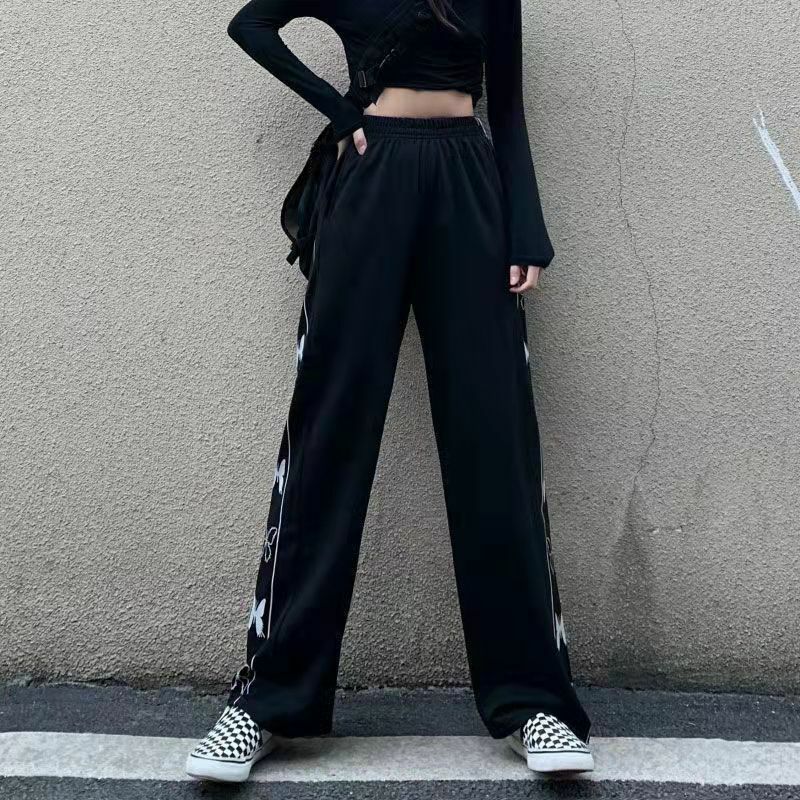 2023 Spring and Summer Individuality Street Solid Color Bow Printing Loose Thin Spliced Pocket High Waist Casual Straight Pant