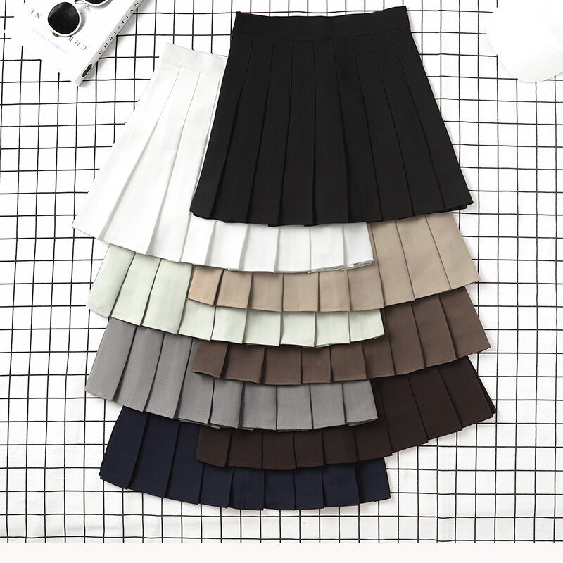 Mini saia plissada estilo coreano de cintura alta feminina, uniforme escolar feminino, marrom, preto, Harajuku, roupas de verão, 2022