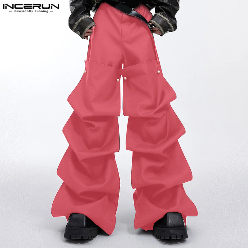 INCERUN 2024, мужские Модные брюки в Корейском стиле, повседневная одежда, однотонные Многослойные дизайнерские брюки, мужские бриллианты, длинные брюки