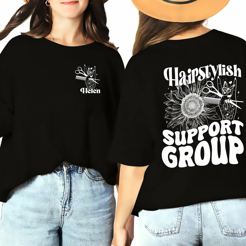 Camiseta con eslogan de grupo de soporte de estilista para mujer, herramientas de corte de pelo y girasoles, estampado en la espalda, nueva tendencia de verano