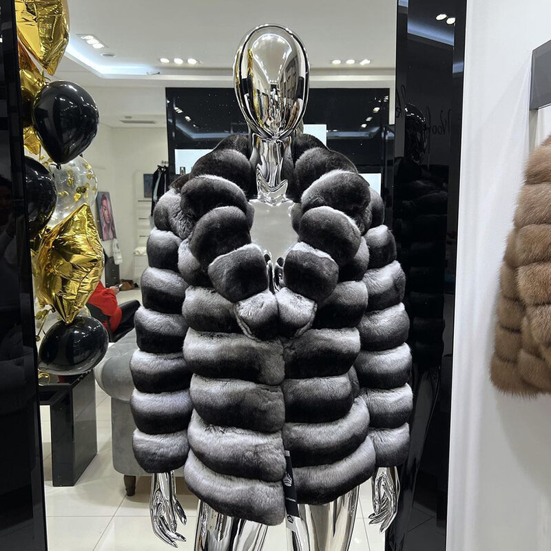 Real Fur Coat Natural Rex Rabbit Fur Jacket Chinchilla Fur Mid-Length Luxury Brands Warm Women's Coat