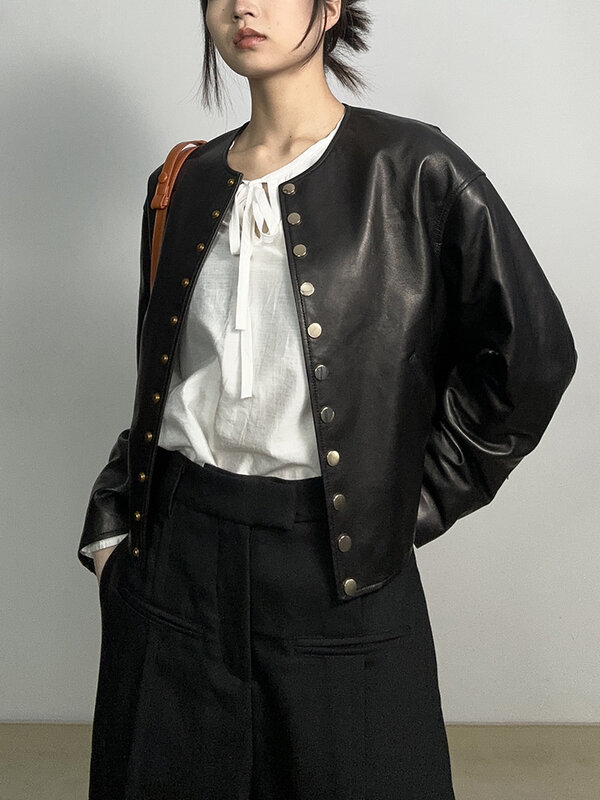 Jaket kulit asli untuk wanita, jaket kulit domba lapisan atas pendek longgar siluet dada mode musim semi