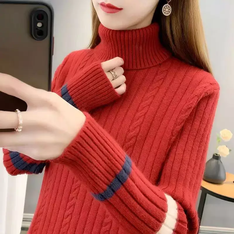 Autumn and Winter Women's Pullover Solid Color High Weater Loose Fit Long SleNeck Eve Bottom Knitted Sweater Fashion Tops