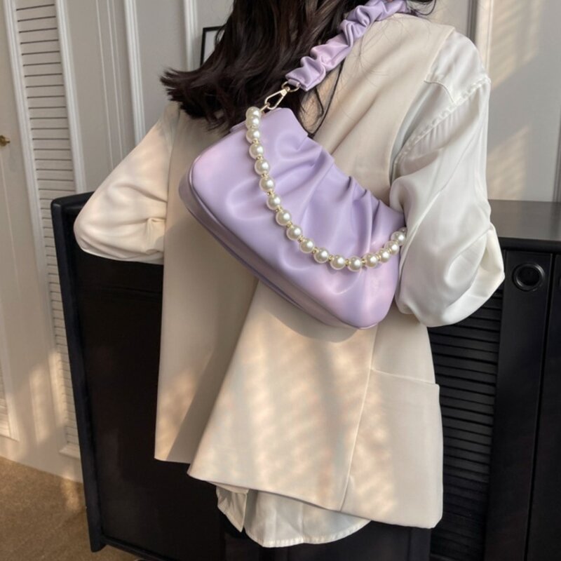 Skóra PU chmurowe ramię torebka w stylu koreańskim jednolity kolor perłowy torba z łańcuszkiem na ramię torba na ramię torba listonoszka plisowana torebka