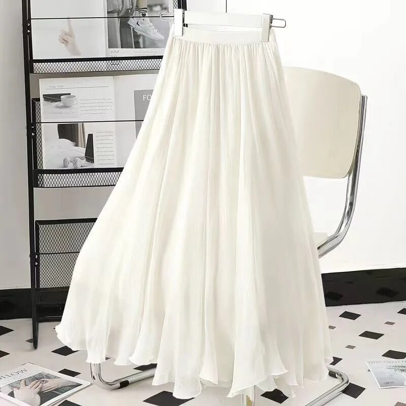 Faldas largas de gasa para mujer, Faldas largas de cintura alta hasta el suelo, con volantes, estilo bohemio, color blanco, 2024