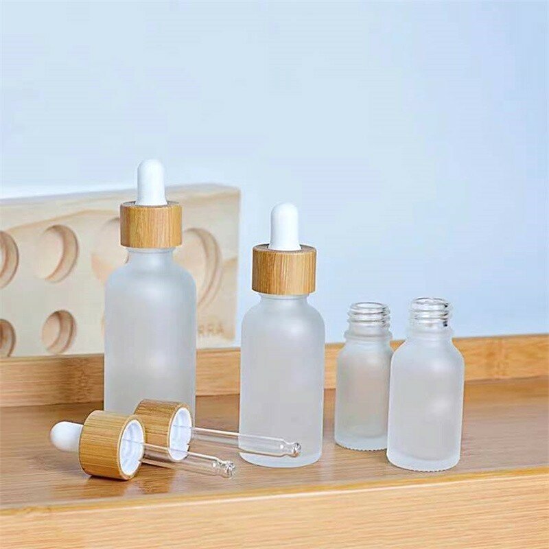 Simple Multi-Specification Wooden Frosted Glass Drop Bottle Cosmetics Skin Care Essential Oil Bamboo Lid Container Sample Bottle