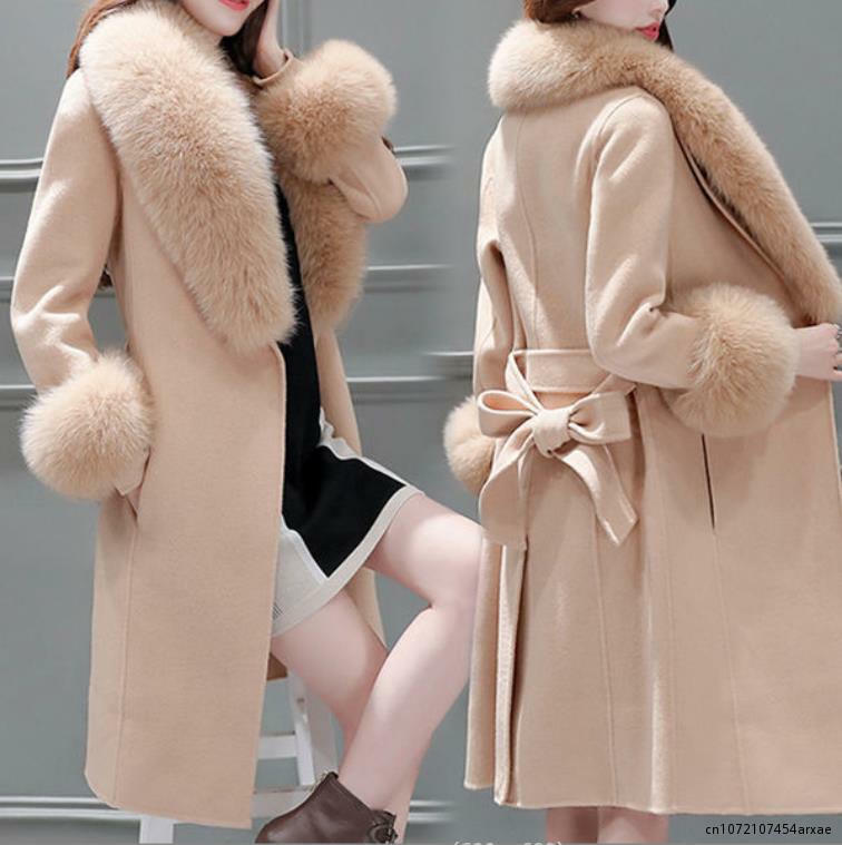 Autumn Winter 2023 Women's Slim Trench Woolen Coat OL Mid-Length Faux Fur Collar Solid Color Lacing Woolen Outerwear Female