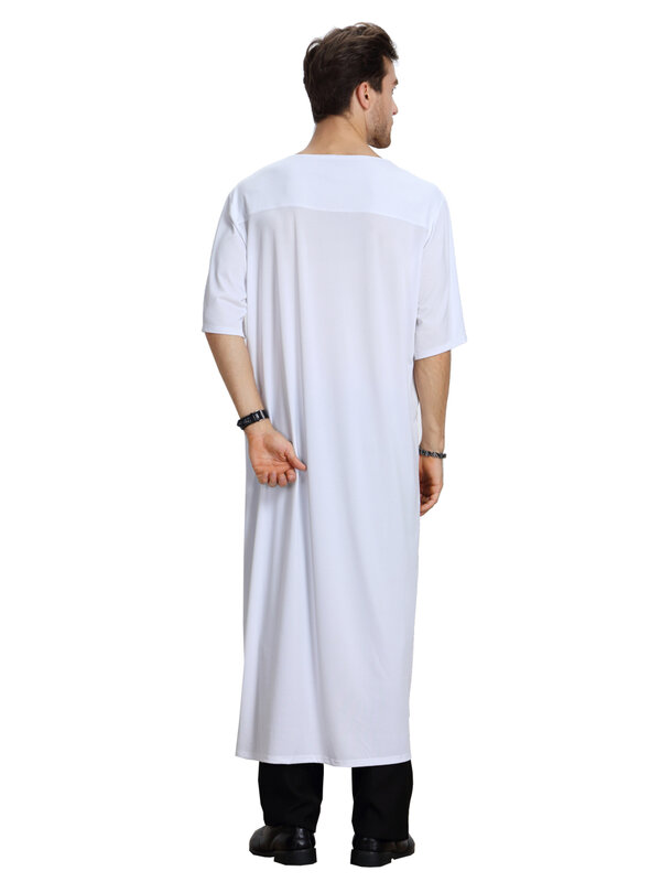 Muslim jubah tidur pria, baju gamis Arab warna murni leher V lengan pendek musim panas untuk lelaki dan dewasa