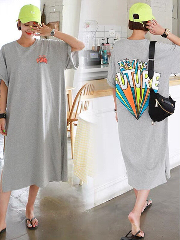 Długa koszulka do kolan dla kobiet 2024 lato modne i casualowe koreańskie nowe oversize luźne sukienka wyszczuplająca 8 g51