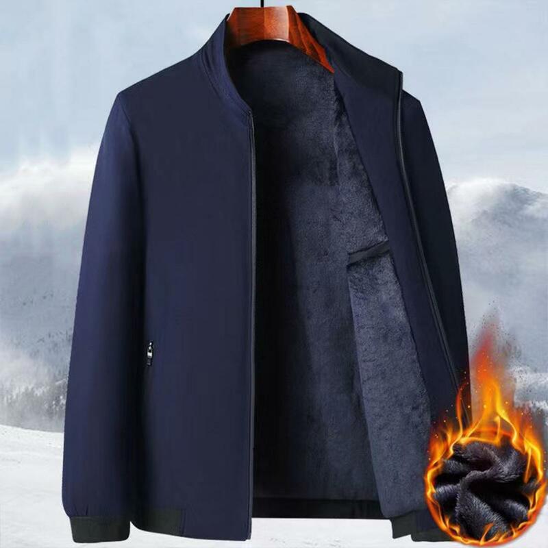 Jaket bulu pria, Luaran hangat tebal musim gugur, mantel lengan panjang bersaku warna polos dengan kerah berdiri