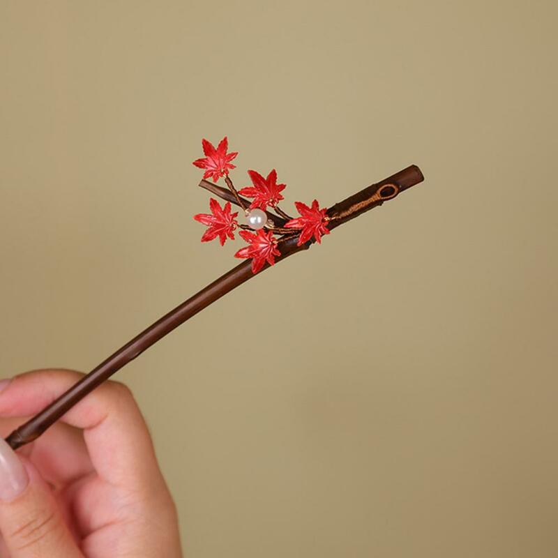 عصا شعر مصنوعة يدويًا مع لؤلؤ صناعي ، عصا شعر زهور زجاجية ، طراز صيني ، ديكور خشبي قديم ، طويل